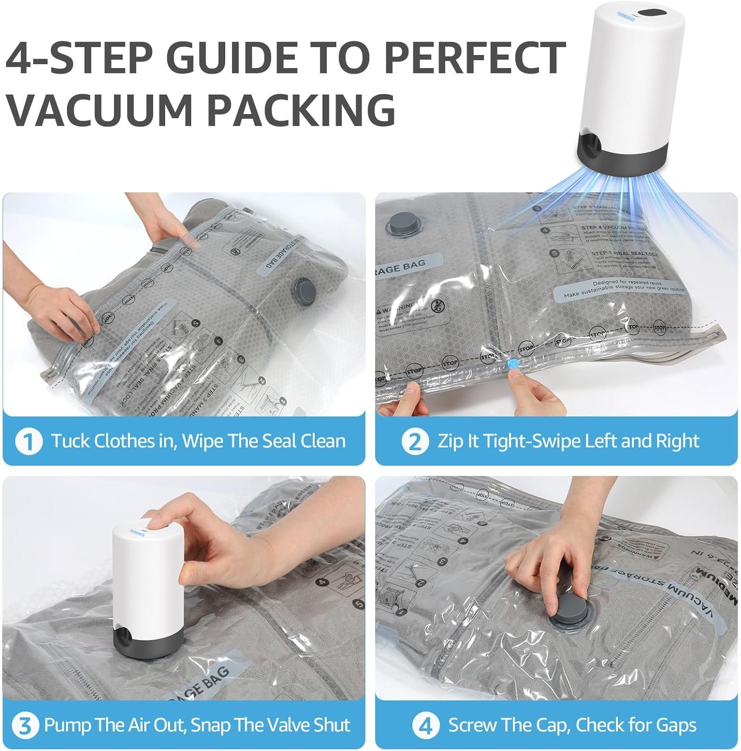 15 Packs Vacuum Bags for Travel with Rechargeable Pump, 3 Sizes Vacuum Seal Bags for Clothing, Compression Vacuum Travel Bags for Luggage, Vacuum Packing Bags for Closet Organization - Image 6
