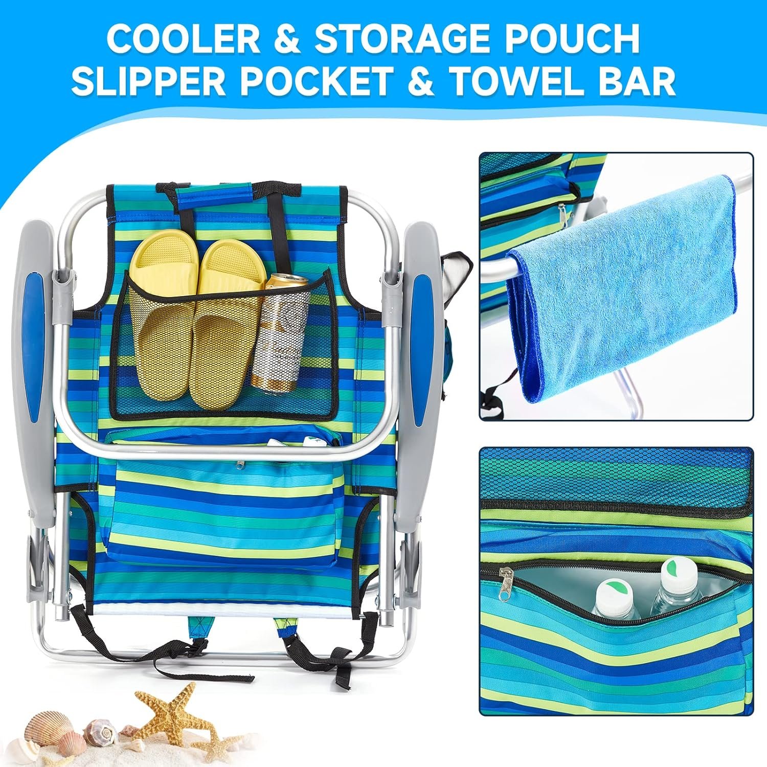 2 Pack Lightweight Portable Camping Beach Chair for Adults, Outdoor Lay Flat Folding Beach Chairs with 5 Positions, Backpack Beach Chair with Towel Bar, Zipper Pouch, Cup Holder, Ocean Striped - Image 4
