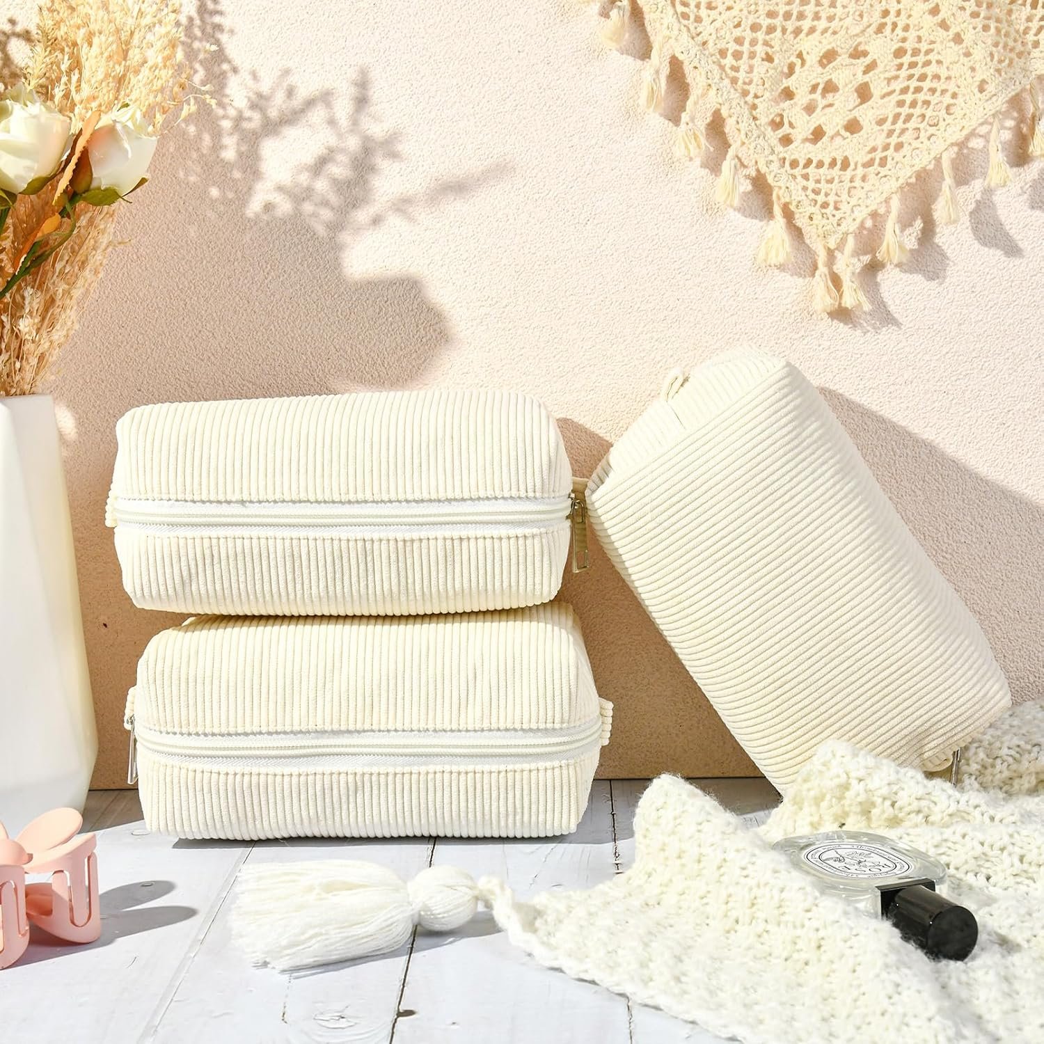 SOIDRAM 12 Pieces Makeup Bag Corduroy Cosmetic Bag Beige Makeup Pouch Travel Toiletry Bag Organizer Cute Makeup Brushes Storage Bag for Women - Image 7