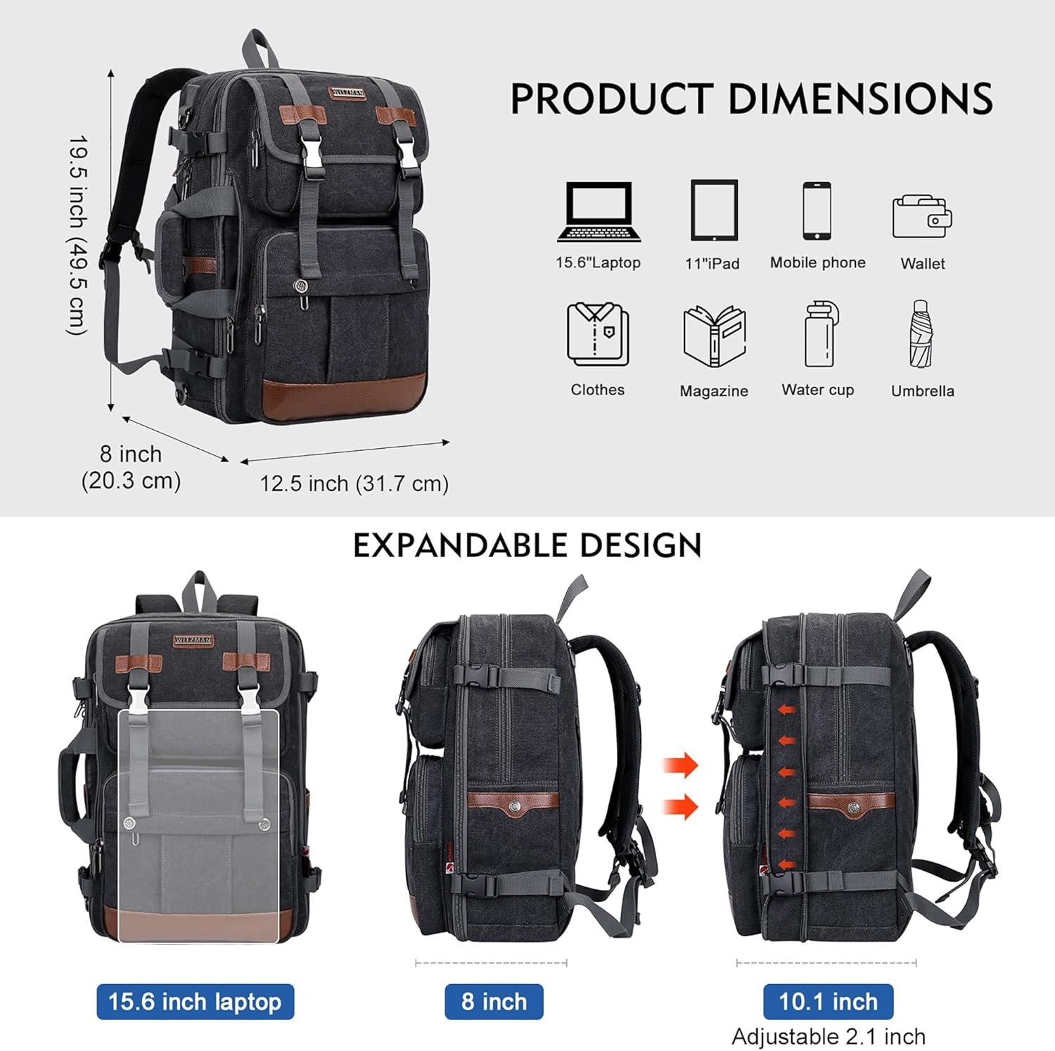 WITZMAN Canvas Travel Backpack for Men Large Laptop Backpack Fit 16 inch Carry-on Airline Approved Convertible Shoulder Rucksack(A6617-3 Black) - Image 3