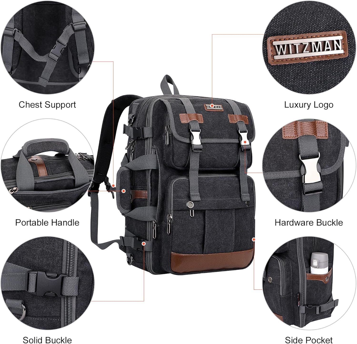 WITZMAN Canvas Travel Backpack for Men Large Laptop Backpack Fit 16 inch Carry-on Airline Approved Convertible Shoulder Rucksack(A6617-3 Black) - Image 8