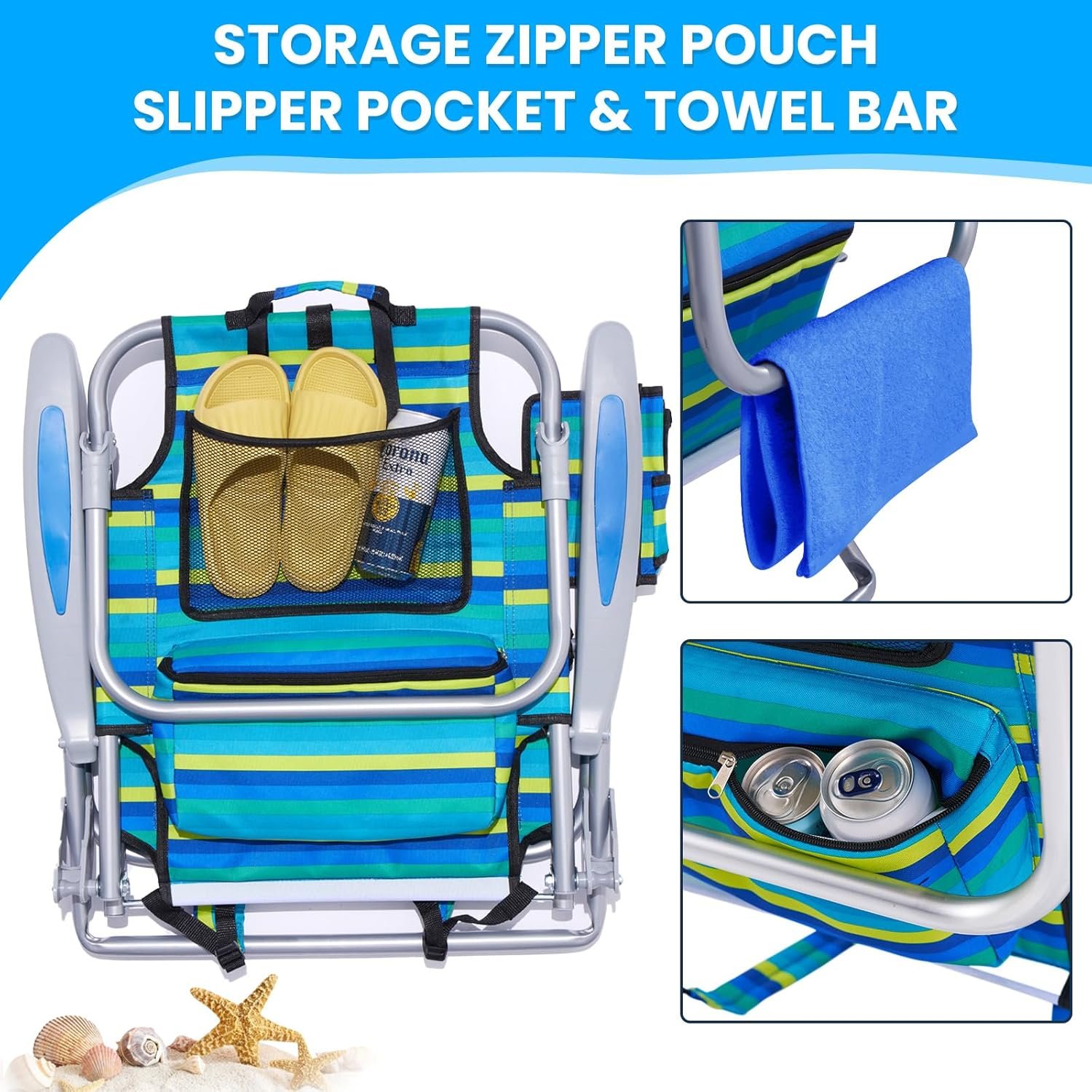 Portable Beach Chair for Adults, Outdoor Camping Chair Lay Flat Folding Backpack Beach Reclining Chair with 5 Positions, Headrest, Cup Holder, Heavy Ocean Striped - Image 3
