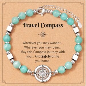 Shonyin Travel Gifts for Women, Natural Amazonite Stone Compass Bracelet for Travelers