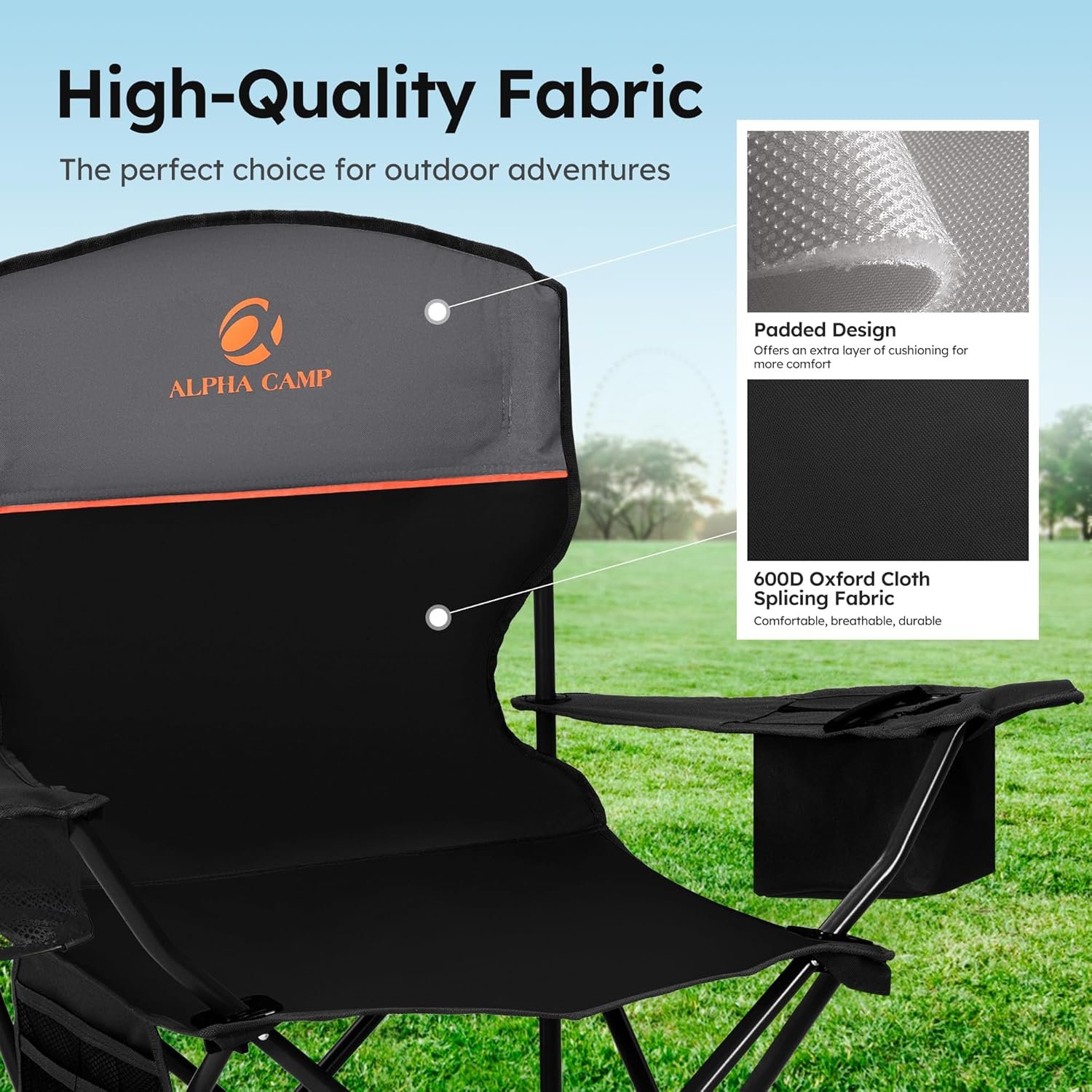 ALPHA CAMP Camping Chairs 350LBS Capacity, Heavy Duty Folding Chair with 4-Can Cooler Bag, Portable Outdoor Chair with Cup Holder for Adults, Collapsible for Tailgating, Beach, Fishing - Image 6