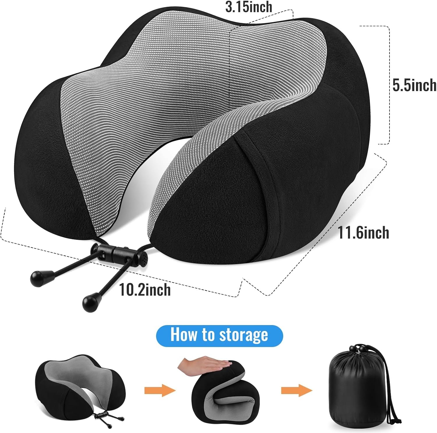 CloudBliss Travel Pillow Premium Memory Foam, Comfortable & Supportive Neck Pillow, Sleeping Neck Pillows for Travel, Airplane Pillow for Sleeping Airplane, Car, Office and Home(Black) - Image 3