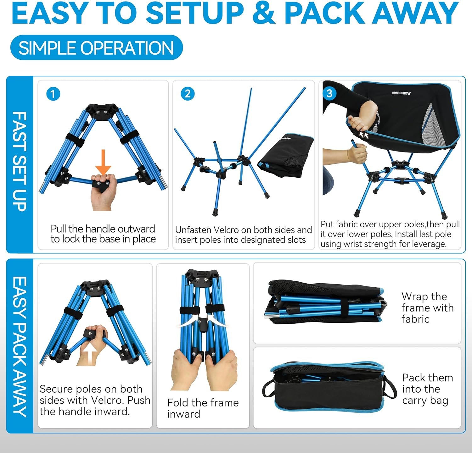 MARCHWAY Lightweight Folding Camping Chair, Portable Foldable Compact for Outdoor Camp, Travel, Beach, Picnic, Festival, Hiking, Backpacking, Supports 330Lbs (Blue) - Image 6