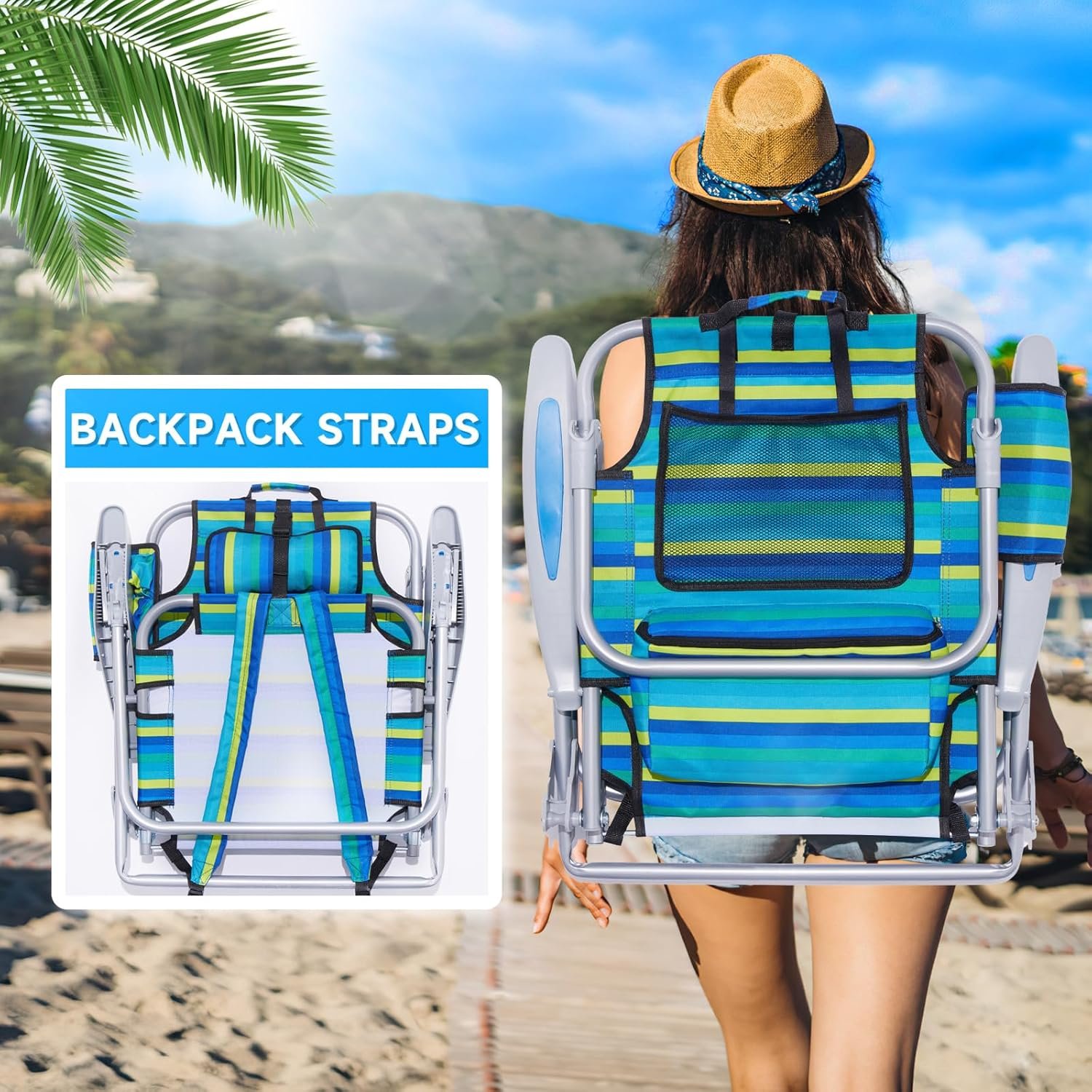 Portable Beach Chair for Adults, Outdoor Camping Chair Lay Flat Folding Backpack Beach Reclining Chair with 5 Positions, Headrest, Cup Holder, Heavy Ocean Striped - Image 6