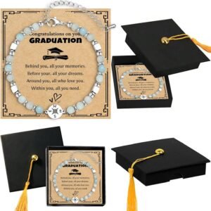 2026 Graduation Gift for Her - Natural Stone Compass Bracelet Gifts with Unique Grad Cap Box and Gift Card for Class of 2026, Adventure Begins Gifts, Gifts for Graduates