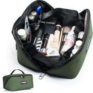 Wrangler Travel Toiletry Bag for Men & Women, Large Capacity Makeup Organizer with 4 Pockets, Water-Resistant Nylon, 180° Lay-Flat Cosmetic Bag with Handle & Double Zipper for Travel, Bathroom & Gym