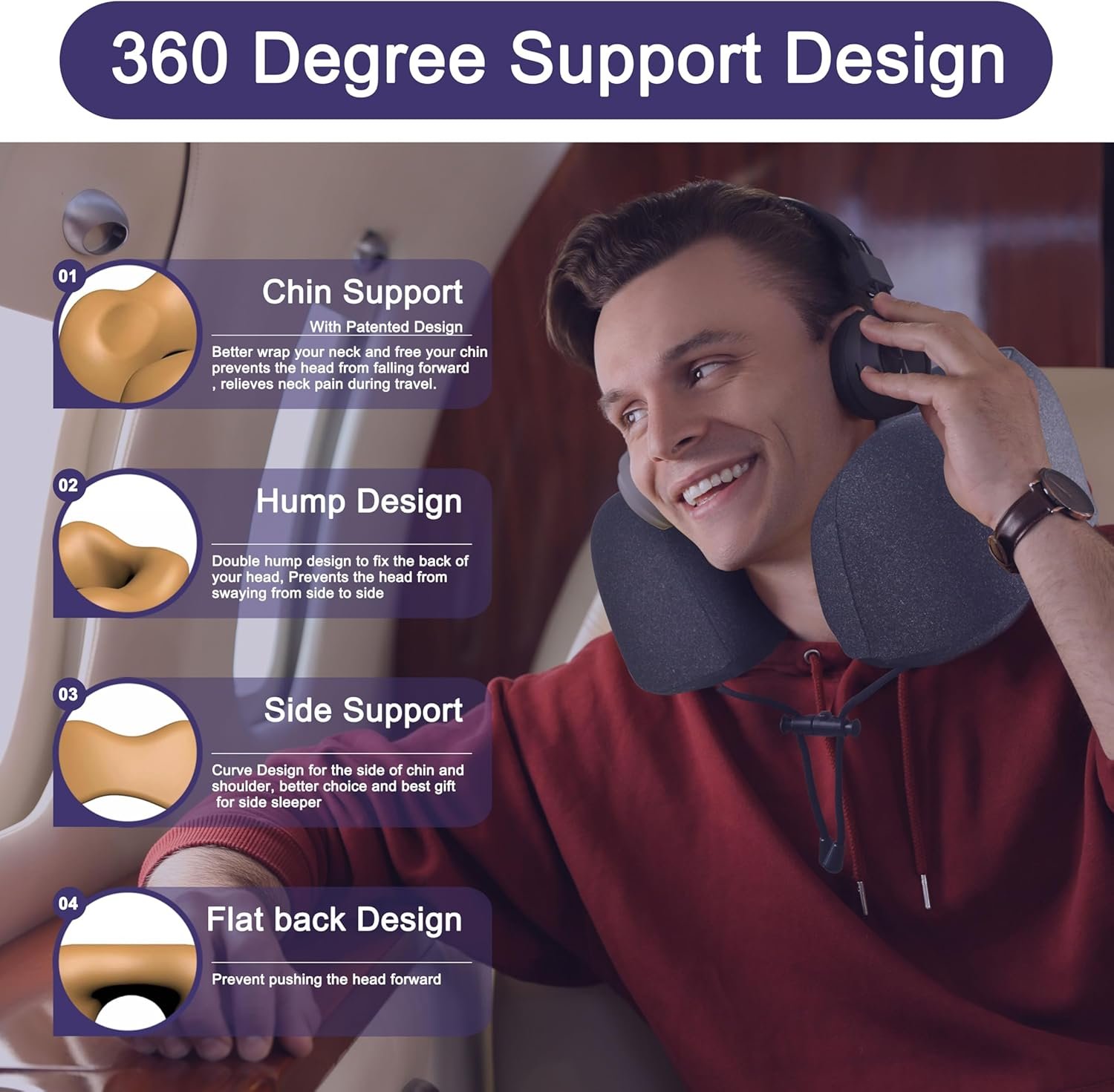 napfun Neck Pillow for Traveling, Upgraded Travel Neck Pillow for Airplane 100% Pure Memory Foam Travel Pillow for Flight Headrest Sleep, Portable Plane Accessories, Full Black - Image 3