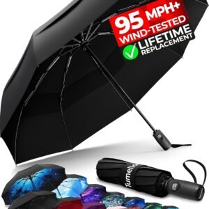 TUMELLA Strongest Windproof Travel Umbrella (Compact, Superior & Beautiful), Small, Wind-Tested, Light & Portable, Automatic Folding Rain Umbrella, Durable Premium Grip, Fits Car and Backpack