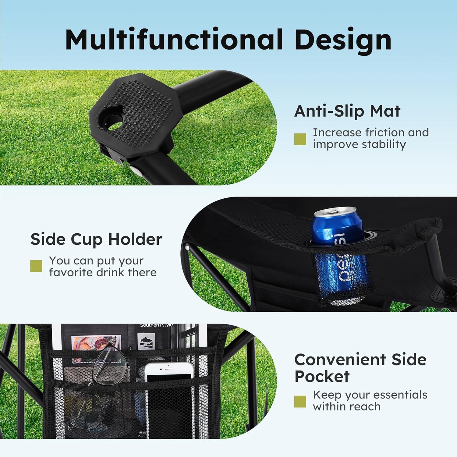 ALPHA CAMP Camping Chairs 350LBS Capacity, Heavy Duty Folding Chair with 4-Can Cooler Bag, Portable Outdoor Chair with Cup Holder for Adults, Collapsible for Tailgating, Beach, Fishing - Image 7