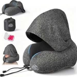 Travel Pillow with Extra Large Hood for Airplane Long Flights Privacy and Comfort Memory Foam with Skin-Friendly Cover for Road Trip Head&Neck Support for Plane Office Cars Sleeping & Rest (Grey)