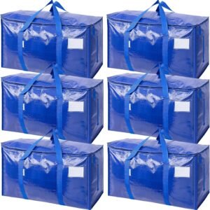 TICONN 6 Pack Extra Large Moving Bags Heavy Duty with Zippers & Carrying Handles, Durable Storage Bags Moving Boxes for Closet Organizers and Storage (6 Pack, Blue)