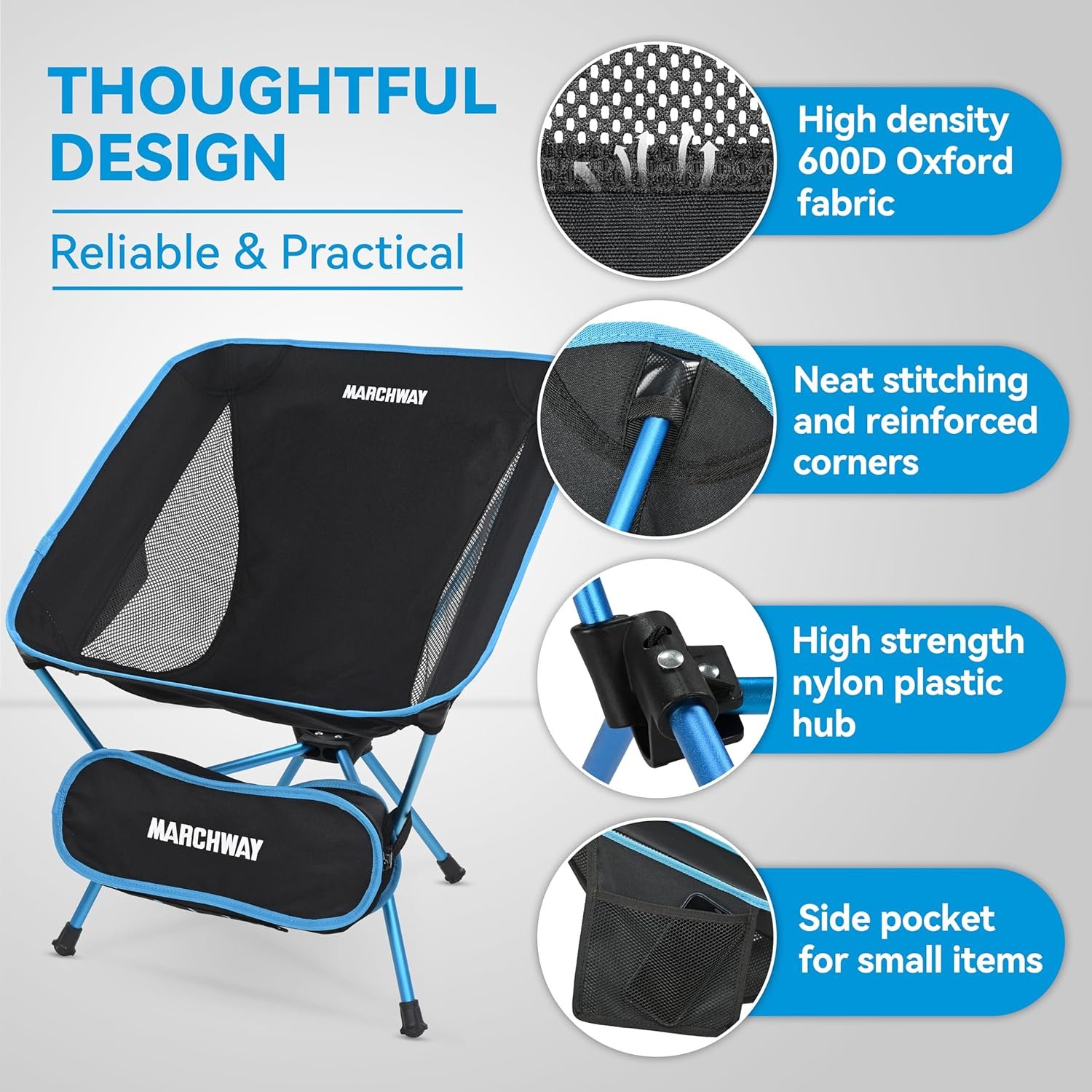 MARCHWAY Lightweight Folding Camping Chair, Portable Foldable Compact for Outdoor Camp, Travel, Beach, Picnic, Festival, Hiking, Backpacking, Supports 330Lbs (Blue) - Image 5