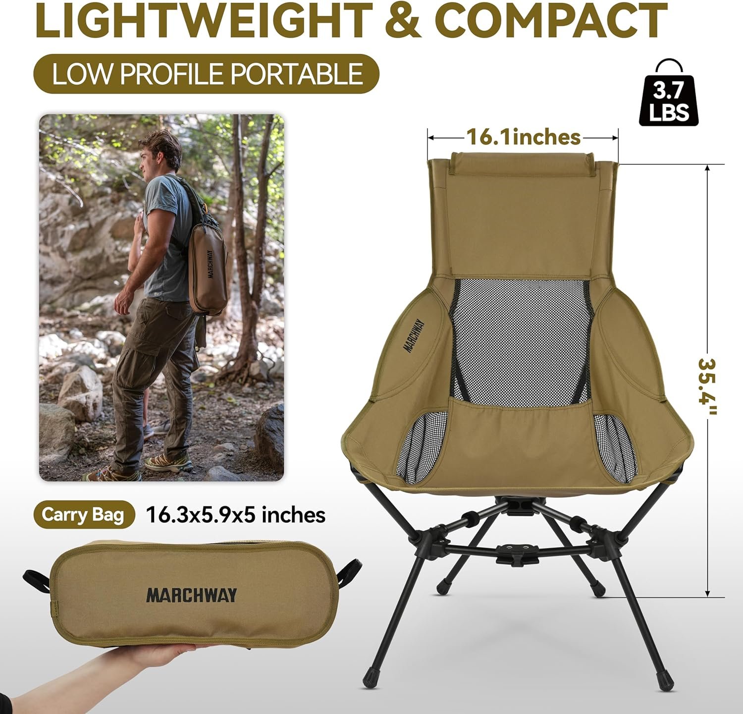 MARCHWAY Lightweight Folding High Back Camping Chair with Head Support, Stable Portable Compact for Outdoor Camp, Travel, Beach, Picnic, Festival, Hiking, Backpacking (Highback Khaki) - Image 3